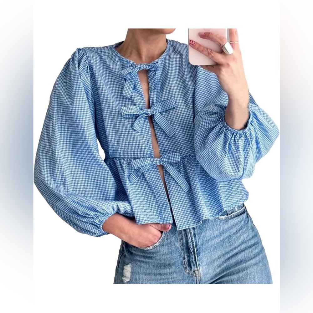 Blue and white gingham tie blouse